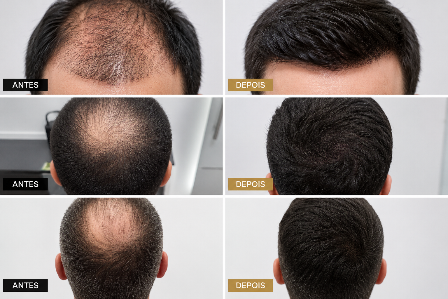 Resultados antes e depois do transplante capilar masculino